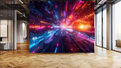 Energetic pixel art explosion at light speed, characterized by colorful, streaking lights and a nostalgic 8-bit design Wall mural