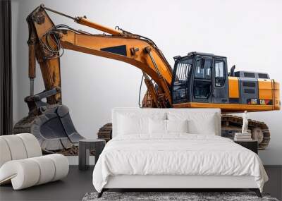 Excavator isolated on a white background, showcasing its construction equipment design and robust build with clear visibility. Wall mural