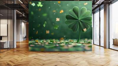 Festive paper-cut four-leaf clover with confetti on a rich green background, designed for a lively St. Patrick's Day celebration. Wall mural