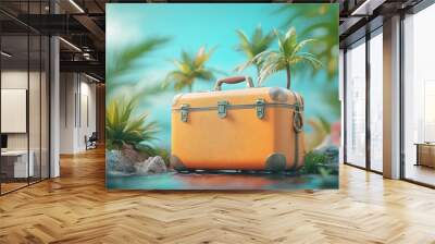 Flat background with a 3D travel suitcase adorned with miniature palm trees and a tropical landscape, capturing the essence of summer and exotic destinations. Wall mural