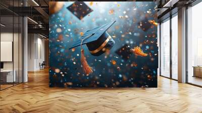 Flying graduation caps with golden ribbons, surrounded by celebratory confetti, symbolizing university achievements and a joyous award ceremony. Wall mural