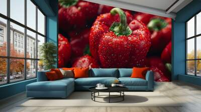 Fresh red bell peppers piled together, showcasing their vibrant red color and unique texture in a close-up view. Wall mural