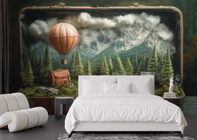 Frontal view of an open suitcase revealing a detailed forest diorama with a hot air balloon, outdoor gear on grass, mountains, clouds, and fantasy art-style photo cards. Wall mural