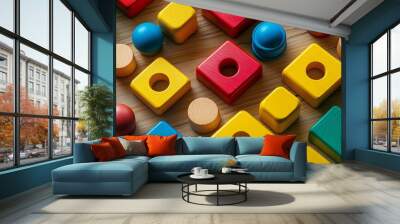 Fun and colorful educational toy design for children, with a flat lay perspective and copy space for educational content Wall mural