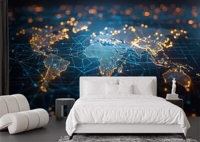 global business network and connections with abstract world map concept, cyber technolog Wall mural