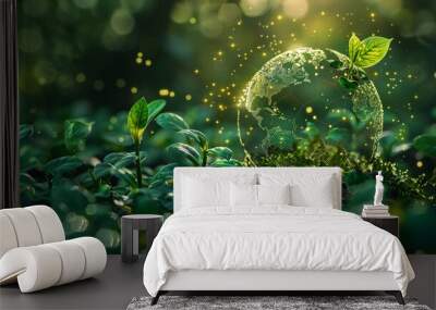 globe hologram light effects in green nature with the icon of Environment. Technology Environment for sustainable business on green company Concept. Wall mural