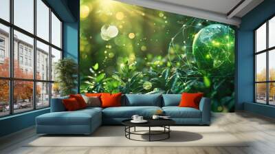 globe hologram light effects in green nature with the icon of Environment. Technology Environment for sustainable business on green company Concept. Wall mural