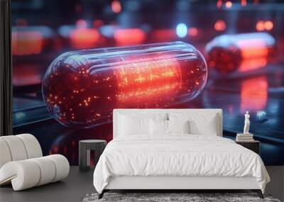 Glowing capsule pharmacy in a virtual digital world, featuring advanced biotechnology and holographic technology, showcasing a futuristic concept. Wall mural