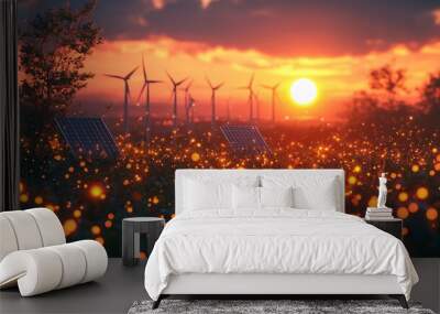 Glowing Earth Day scene featuring renewable energy sources like solar panels and wind turbines, highlighting environmental protection. Wall mural