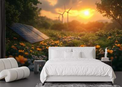 Glowing Earth Day scene featuring renewable energy sources like solar panels and wind turbines, highlighting environmental protection. Wall mural