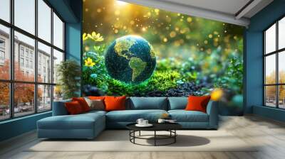 Glowing Earth with renewable energy symbols for Earth Day, emphasizing the importance of environmental protection and sustainable solutions. Wall mural