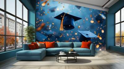 Graduation caps in the air, golden ribbons and confetti flying, a dynamic illustration of university celebration and award ceremony triumph. Wall mural