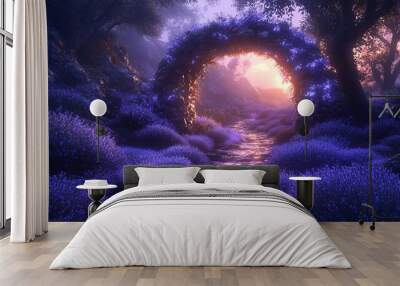 Grand archway adorned with fragrant lavender, leading to a fantasy world with glowing paths, magical creatures, and a serene, otherworldly landscape. Wall mural