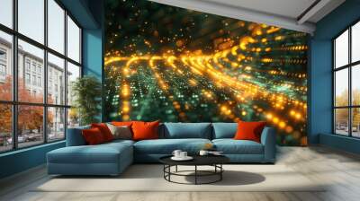 Green and yellow binary code stream, visualizing the movement of data and the essence of modern technology. Wall mural