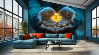 Hands presenting a glowing health insurance icon, with a focus on healthcare services and medical welfare, plus copy space. Wall mural