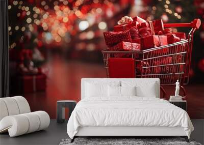 Holiday shopping cart in bright red, filled with assorted wrapped gifts and presents for seasonal celebrations. Wall mural