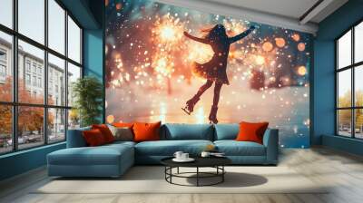 Ice skater silhouette executing a flip, illuminated by festive New Year's fireworks in a snowy setting. Wall mural