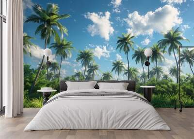 Idyllic view of coconut trees swaying gently in a tropical breeze, illustrating serene outdoor nature landscapes. Wall mural