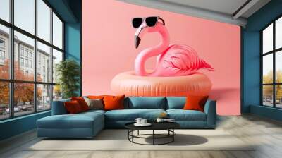 Illustrate a pink flamingo with sunglasses floating in an inflatable circle, embodying a summer minimal concept Wall mural