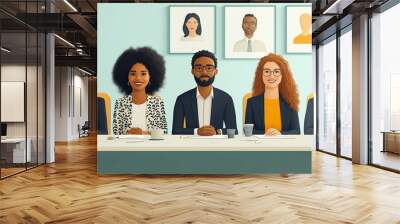 Illustration of a diverse group collaborating in a meeting, symbolizing teamwork and inclusion in a professional or educational setting. Wall mural