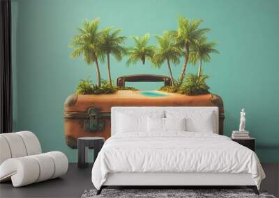 Illustration of a travel suitcase featuring a miniature tropical landscape with palm trees, set on a flat surface, representing summer and exotic travel. Wall mural