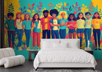 Illustration of diverse individuals standing together, hugging, and posing, depicted as cartoon characters in a colorful, friendship-themed vector. Wall mural