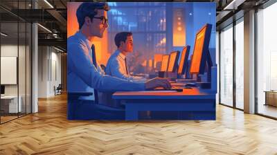 Illustration of two men working at a desk with computers, one in a tie, symbolizing teamwork and productivity in a modern office setting. Wall mural