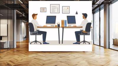 Illustration of two men working at a desk with computers, one in a tie, symbolizing teamwork and productivity in a modern office setting. Wall mural