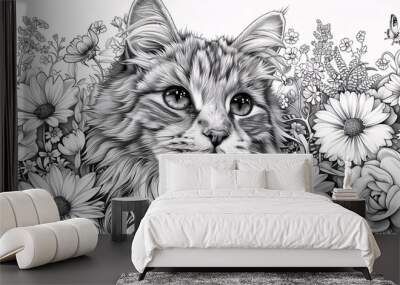 Intricate coloring page of Cat with delicate patterns and flowers, ideal for creativity Wall mural