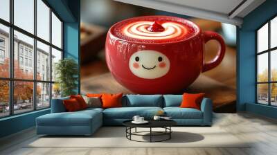 Kawaii-style cup of red velvet latte with a cheerful face in rich red liquid, capturing a delightful and fun mood. Wall mural