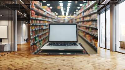 Laptop with a white screen placed on a table in a grocery aisle, representing the concept of online grocery shopping amidst store shelves. Wall mural