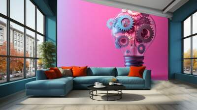 Light bulb and gears 3D render on a pastel background of pink, purple, and blue. Represents innovation and insight with a glowing teamwork design. Wall mural