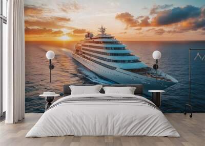 Luxury cruise ship sailing on the ocean, showcasing a stunning white vessel and emphasizing exclusive tourism and summer vacation experiences. Wall mural