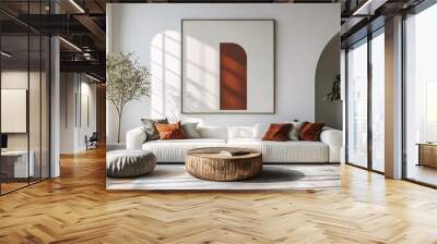 Modern Art Deco interior with a grunge coffee table, white sofa, arched window, and large art poster frame on a white wall, creating a stylish living space. Wall mural