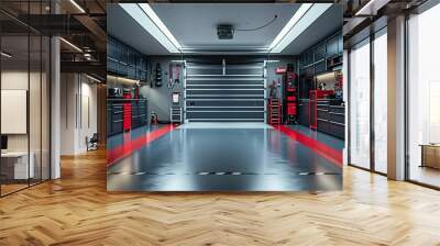 Modern garage with neatly arranged tool cabinets, a distinctive red floor stripe, and a large, open garage door in the background. Wall mural