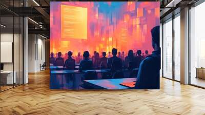 Modern illustration of a seminar setting with people interacting, created using technology-driven design elements. Wall mural