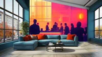 Modern illustration of a seminar setting with people interacting, created using technology-driven design elements. Wall mural