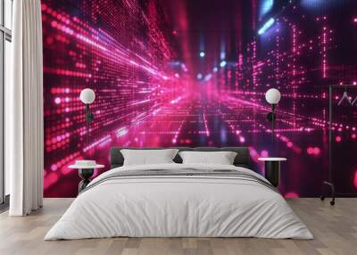 Neon grid glowing in cyberspace, dark and futuristic background with space for text, ideal for tech visuals. Wall mural