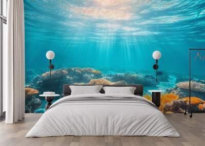 Outdoor ocean view underwater, featuring coral reefs, diverse marine species, and clear blue waters in a natural aquatic setting. Wall mural