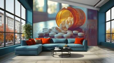 Pills spilling from an open clear bottle on a wooden surface, creating a visually striking image with a focus on the medication. Wall mural