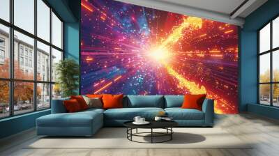 Retro pixel art depicting a light speed explosion, with vivid colors and explosive energy radiating from the center Wall mural