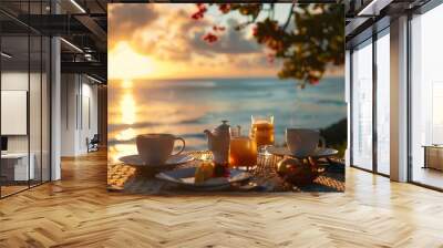 Savoring a delightful breakfast by the ocean at sunrise, with a serene sea view and golden morning light. Wall mural