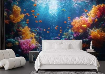 Serene underwater nature in the ocean, with colorful fish and coral formations, highlighting the beauty of outdoor marine environments. Wall mural