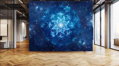 Spiritual mandala art: radiant blue design against a cosmic backdrop of stars, invoking tranquility and cosmic awareness. Wall mural