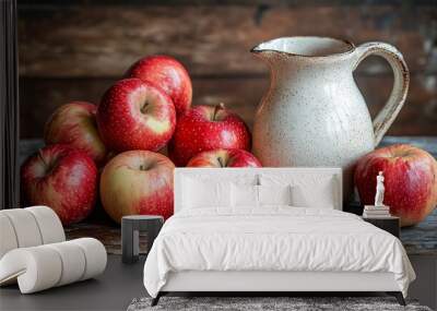 Still life with apples and a pitcher, arranged on a rustic table. A classic composition highlighting natural textures and simple elegance. Wall mural