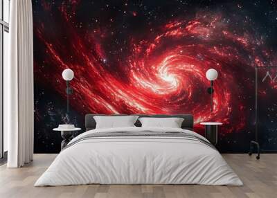 Stunning red galaxy swirl with stars in the distance, black background, hyper-realistic space art reflecting science fiction and fantasy themes. Wall mural