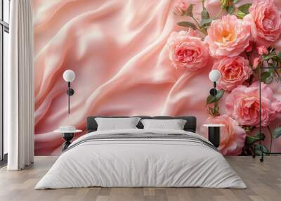 Table in pink silk, two A4 sheets, pink roses scattered elegantly. Wall mural