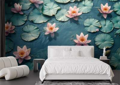 Top-down perspective of nenufares (water lilies) on tranquil water, highlighting the softness and beauty of the petals and leaves. Wall mural