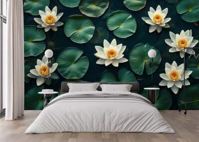 Top view of nenufares (water lilies) with their delicate blooms and green leaves, creating a peaceful and natural aquatic scene. Wall mural