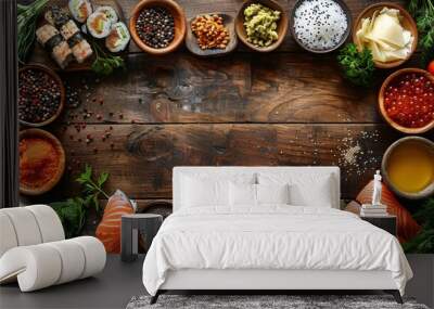 Top view wooden countertop, sushi making materials and ingredients scattered around perimeter, space for text Wall mural